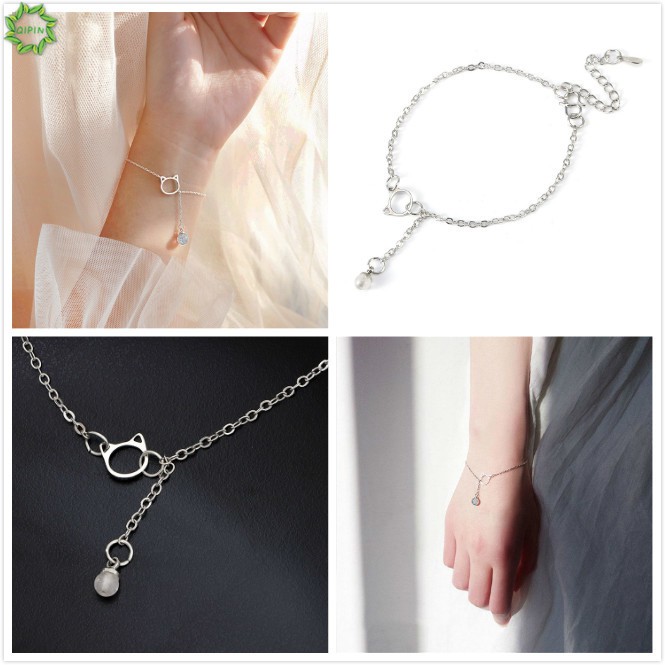 Vòng tay mặt mèo đính đá dễ thương phong cách Hàn Quốc