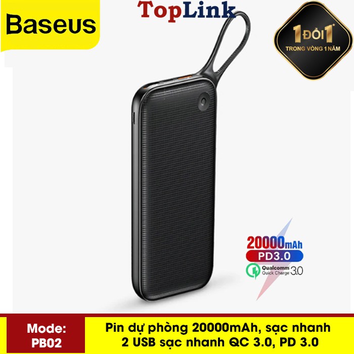 [Mã ELMALL150 giảm 8% đơn 500K] Pin Dự Phòng 20000mah Baseus PB02 Sạc Nhanh Cổng PD 3.0 Sạc 2 Chiều Và Qualcomm QC 3.0