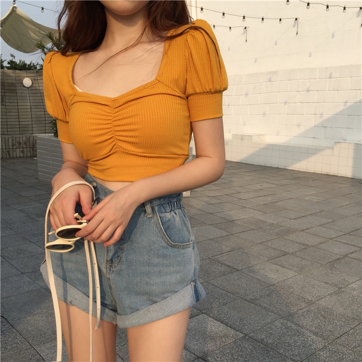 SUXI Áo thun tay ngắn kiểu dáng đơn giản thời trang Hàn Quốc