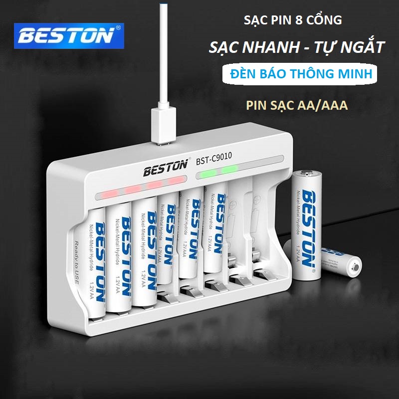 Bộ Sạc Pin AA, AAA Beston C9010, Sạc cùng lúc 8 Pin, sạc nhanh tự ngắt khi đầy, Led báo trạng thái sạc