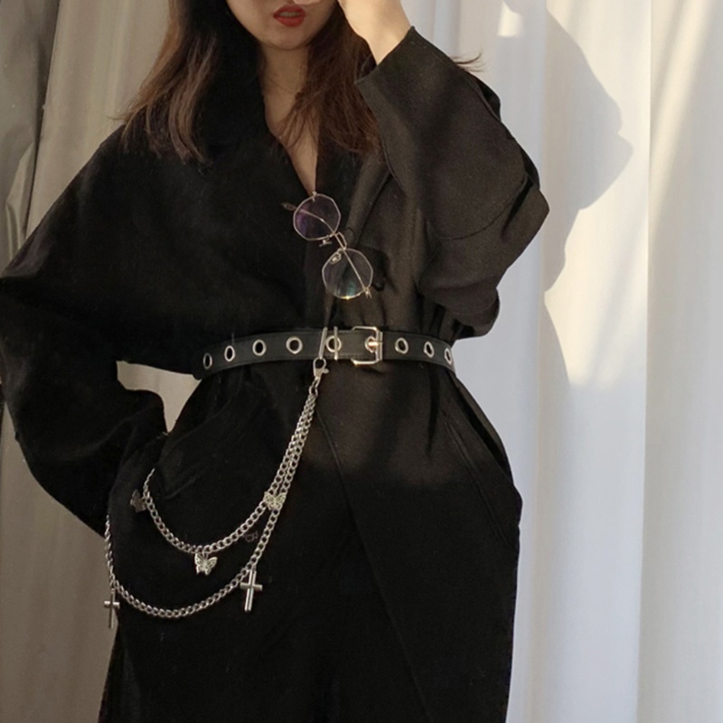 King Gothic Punk Dây Xích Đeo Thắt Lưng Quần Jean Có Mặt Hình Bướm Chéo Phong Cách Harajuku Đường Phố Hip Hop Đường Phố Cho Nữ