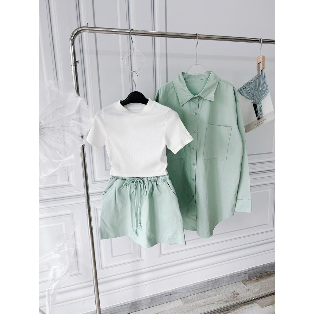 SET 3 MÓN XANH MINT: ÁO SƠ MI XANH + ÁO TRẮNG + QUẦN SHORT LƯNG THUN RÚT DÂY (TH)