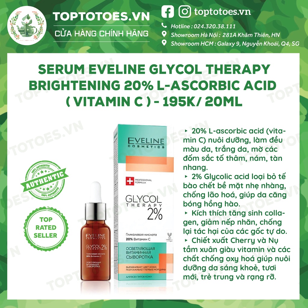 Serum Eveline Glycol Therapy Brightening 20% L-ascorbic Acid (Vitamin C) dưỡng da trắng sáng, căng bóng, đều màu