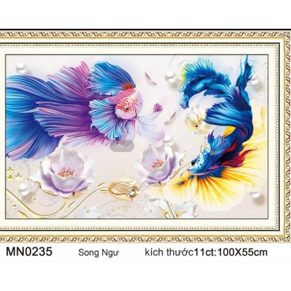 Tranh thêu chữ thập đôi cá đẹp , song ngư MN0235 - (100*55)cm