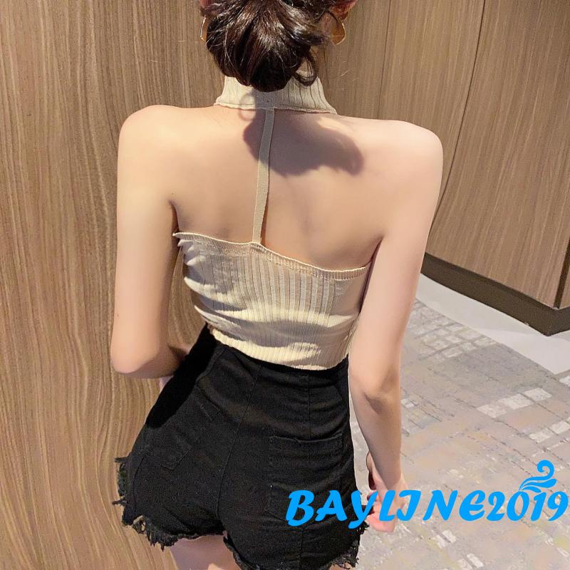 Áo Croptop Dệt Kim Không Tay Màu Trơn Có Khóa Kéo Thời Trang Cho Nữ