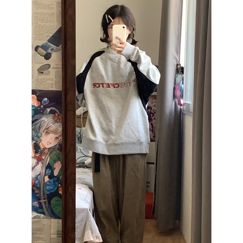 Ethelgirl Áo sweatshirt Mỏng Tay Dài Cổ Tròn Khối Màu retro Mỹ Kích Thước Lớn Đường Phố Cao Cấp Cho Nữ