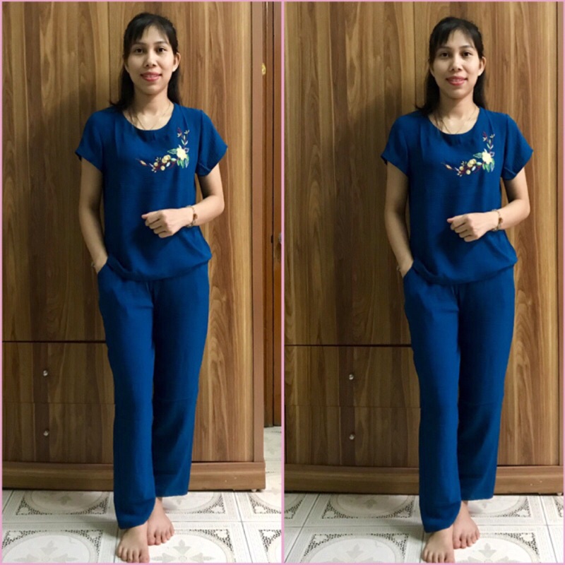 Bộ đũi Tay cộc Quần dài Trung Niên cho mẹ - Bộ đũi Phối thêu Cho Mẹ cho Bà