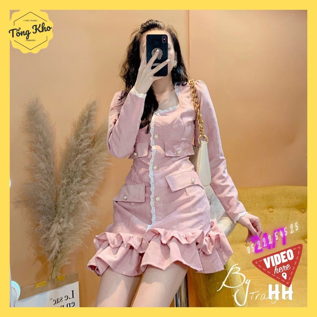 [Hàng chuẩn] Váy Nhung Tăm 👗Viền Ren Màu Hồng Đuôi Cá, Váy Nhung Đuôi Cá Phong Cách Hàn Quốc | BigBuy360 - bigbuy360.vn