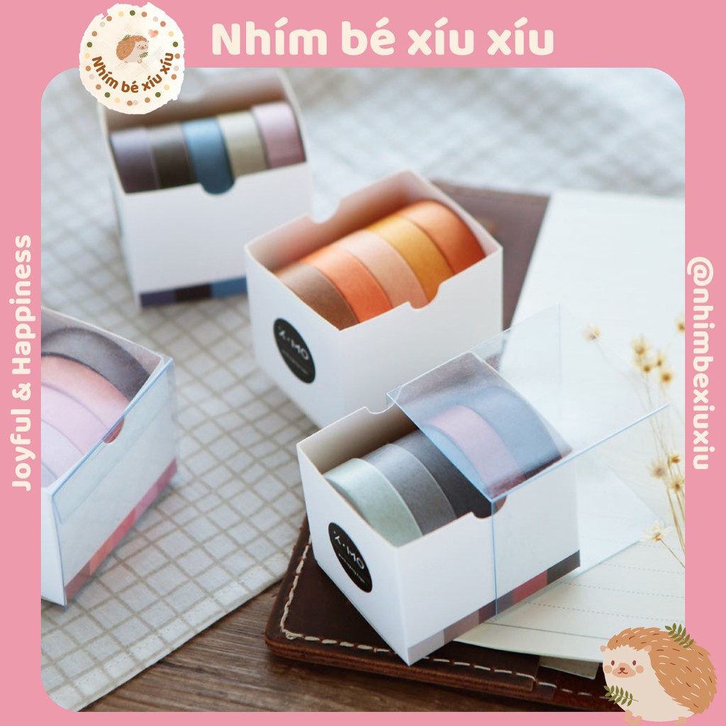 Hộp 5 cuộn washi tape tone màu trầm vintage băng dính trang trí sổ tay bullet journal take note