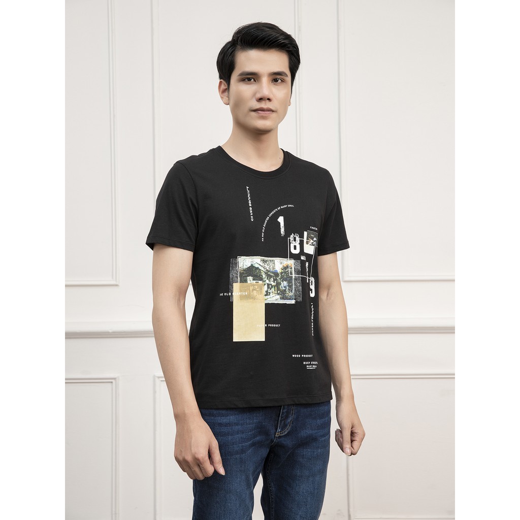 Áo Thun Nam Tay Ngắn Không Cổ Aristino ATS002S1 Màu Đen 9 Dáng Regular Fit Cổ Tròn Vải Cotton Mịn Mát