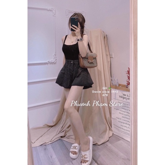 Quần đùi jeans lưng cao ống rộng, quần Short giả váy Cao Cấp - alohashop91