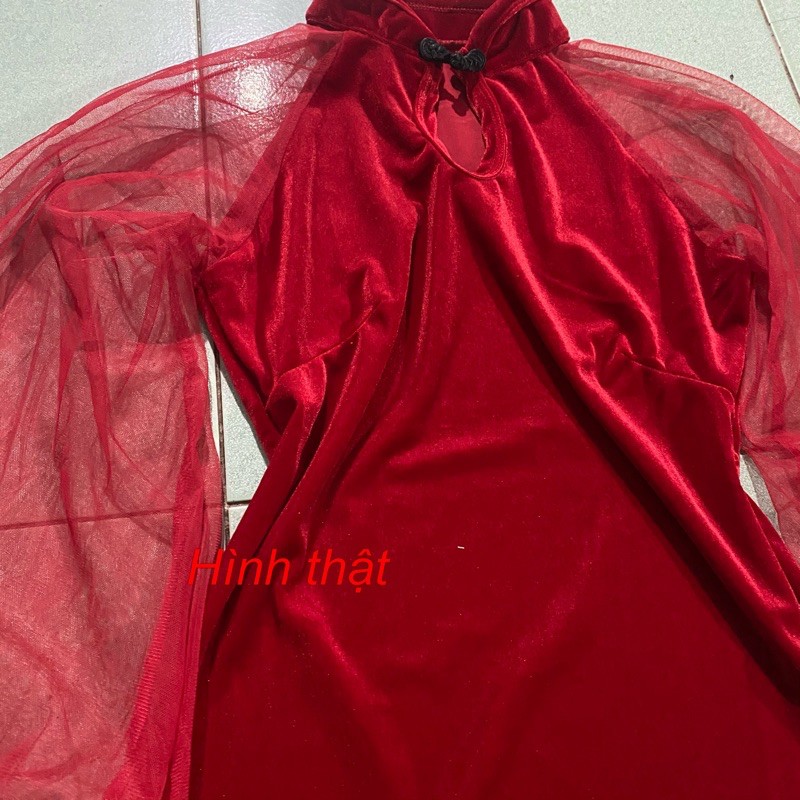 Đầm nhung tay lưới phồng cổ tàu xẻ tà chất vải nhung cao cấp - T5B | BigBuy360 - bigbuy360.vn