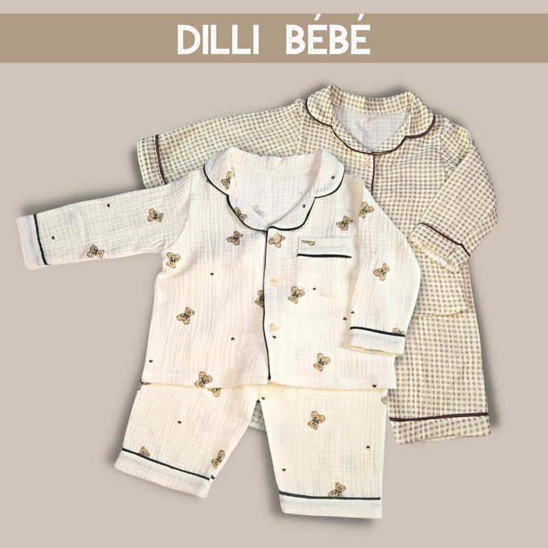 Đồ bộ ngủ áo quần Pijama tay dài quần dài cho bé trai bé gái trẻ em sơ sinh vải Muslin Gấu Mini - Dilli Bebe