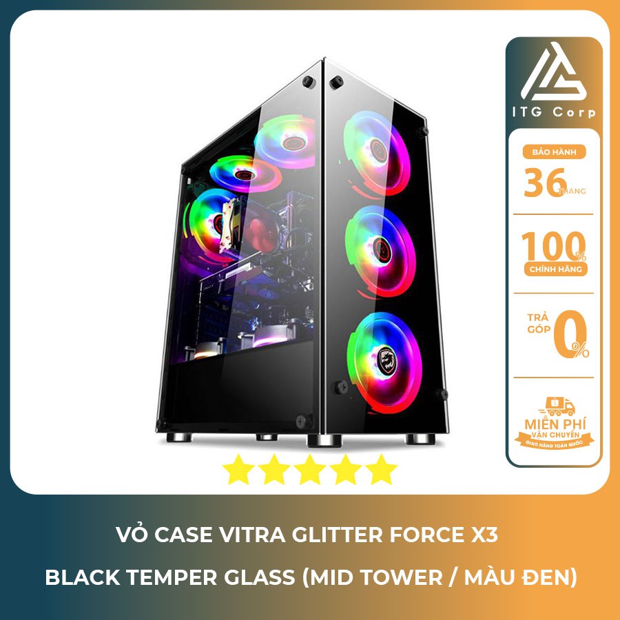 Vỏ Case Vitra Glitter Force X3 Black Temper Glass (Mid Tower / Màu Đen)