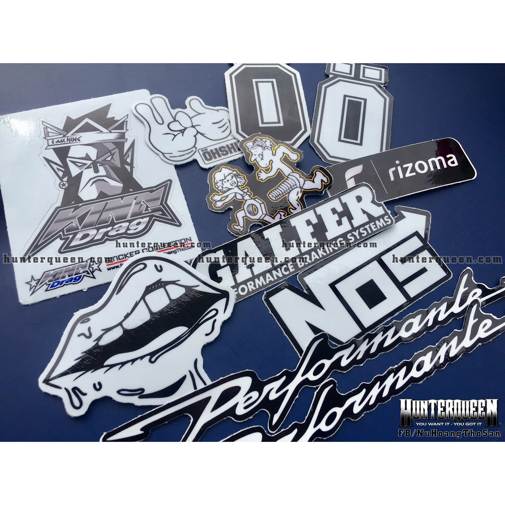 Bộ 11 logo trắng đen, decal dán xe máy, nón bảo hiểm... Sticker chống nước, bền màu. Hình dán đẹp