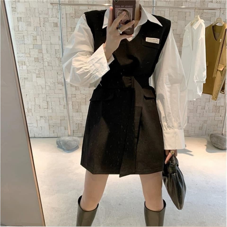 Set Áo Sơ Mi + Đầm Suông Kèm Belt (ÁO TRẮNG + ĐẦM ĐEN) | BigBuy360 - bigbuy360.vn