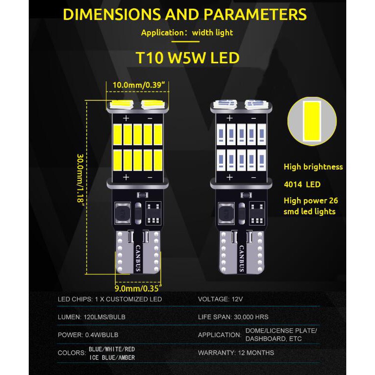 Bóng Led T10 W5W, chip 4014, 26 bóng, Siêu Sáng gắn Demi, Xi Nhan, biển số, nội thất Xe Máy, Ô TÔ (giá 1 bóng)