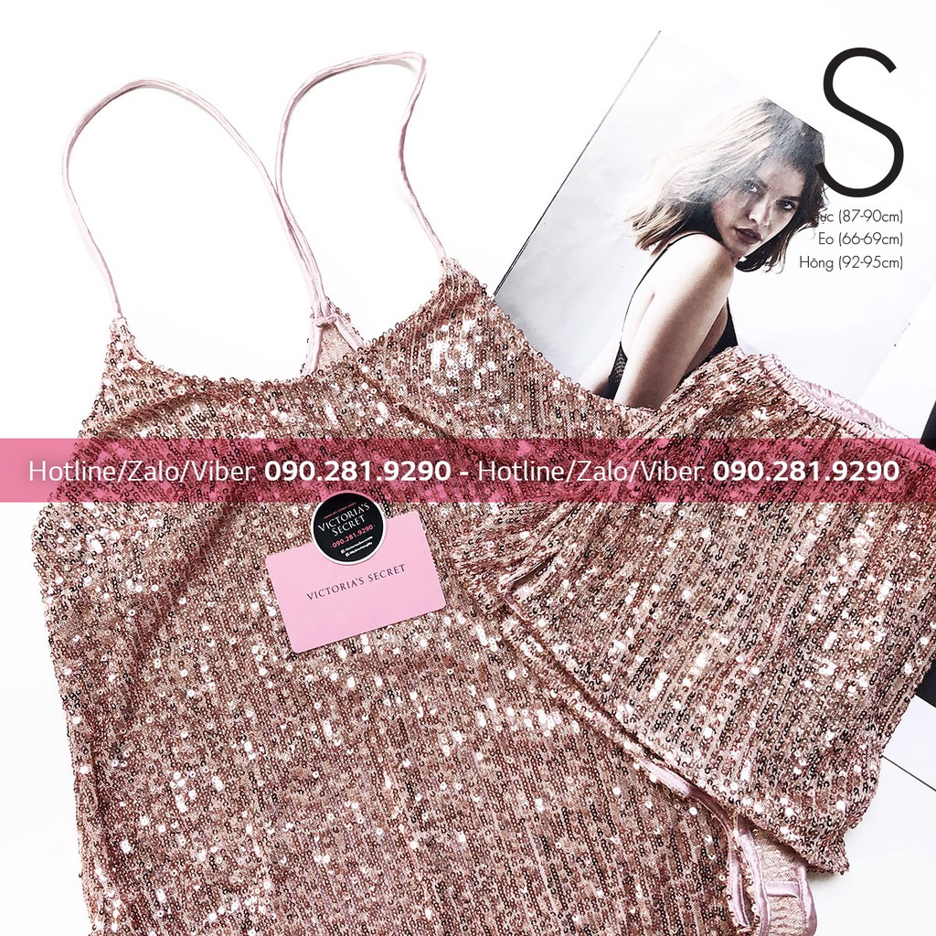 [Size S] - Bộ đồ ngủ Sequin 2 dây quần ngắn, màu hồng kết cườm sành điệu, Sequin Cami Set - Victoria's Secret USA