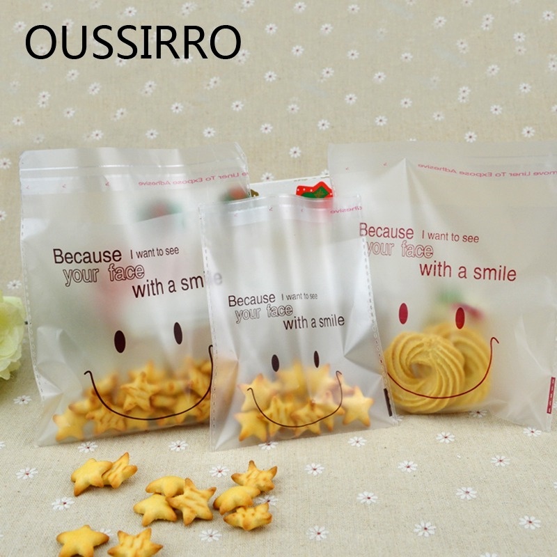 Set 100 Túi Đựng Bánh Kẹo Tự Dính Hình Mặt Cười Trong Suốt