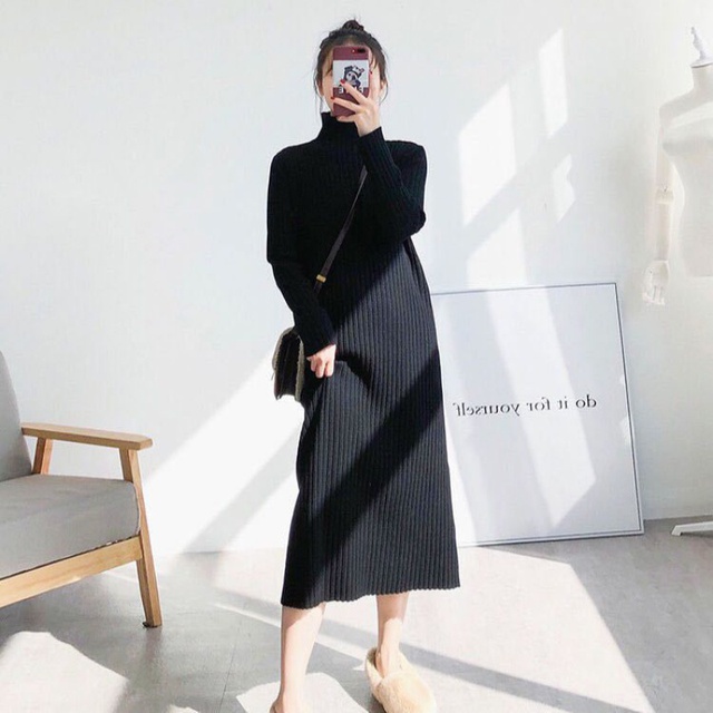 váy len suông dài tay cổ lọ, đầm dáng dài thu đông vải len gân to hàng quảng châu siêu ấm