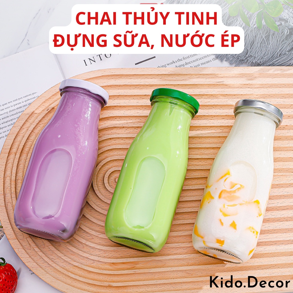 Chai thủy tinh 330ml đựng nước ép, sữa hạt, lọ thủy tinh trang trí nắp thiếc đen decor KIDO