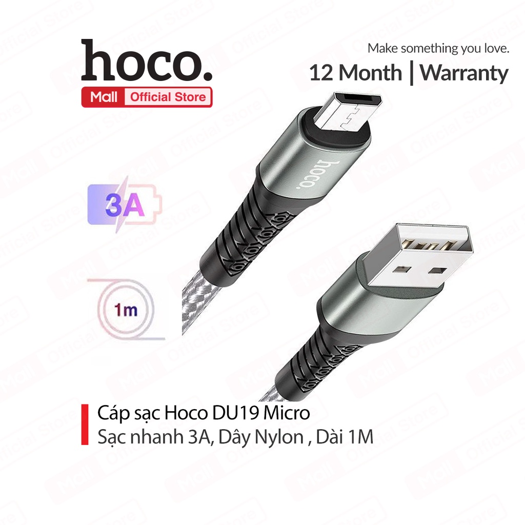 Cáp sạc 3A Hoco DU19 Micro dây dù chống gãy gập truyền dữ liệu nhanh chóng dài 1M cho Android