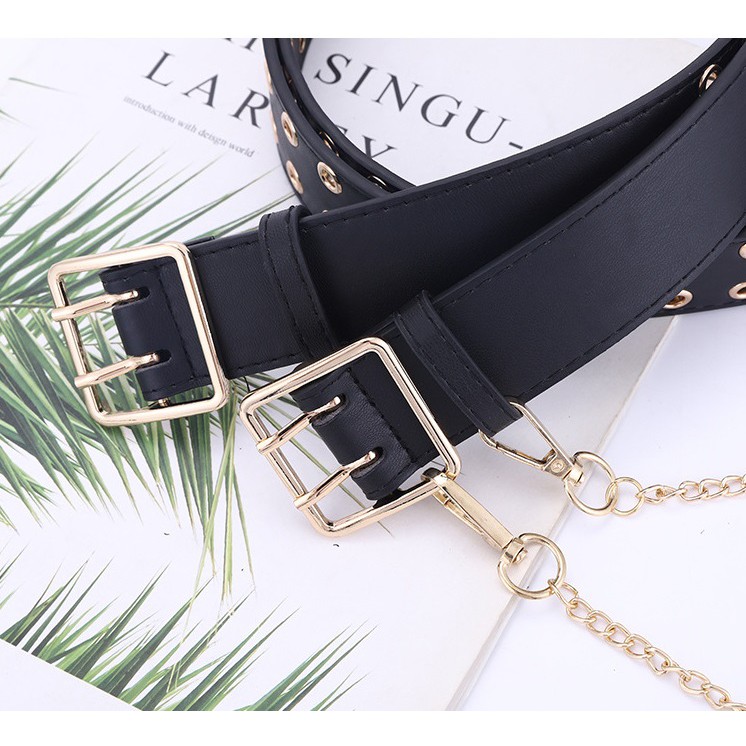 Thắt lưng nữ Nịt da xích kèm chain 2 hàng lỗ Khoen vàng Bản 4cm