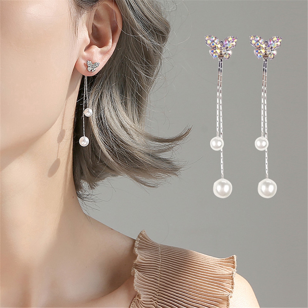 Hoa tai dáng dài đính ngọc trai trang trí hình cánh bướm xinh xắn