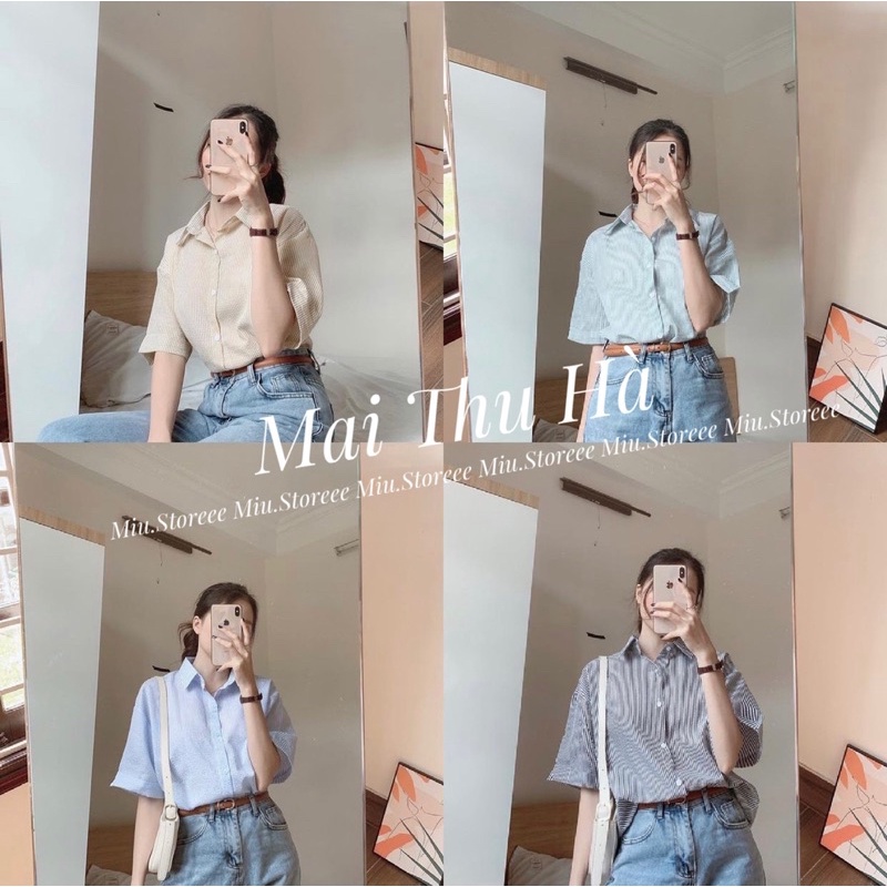 ÁO SƠ MI KẺ SỌC CỘC TAY CỔ ĐỨC - ÁO SƠ MI NỮ KẺ