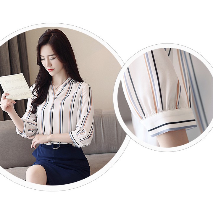 Áo sơ mi công sở nữ cổ V kẻ sọc sang trọng kiểu Hàn Quốc