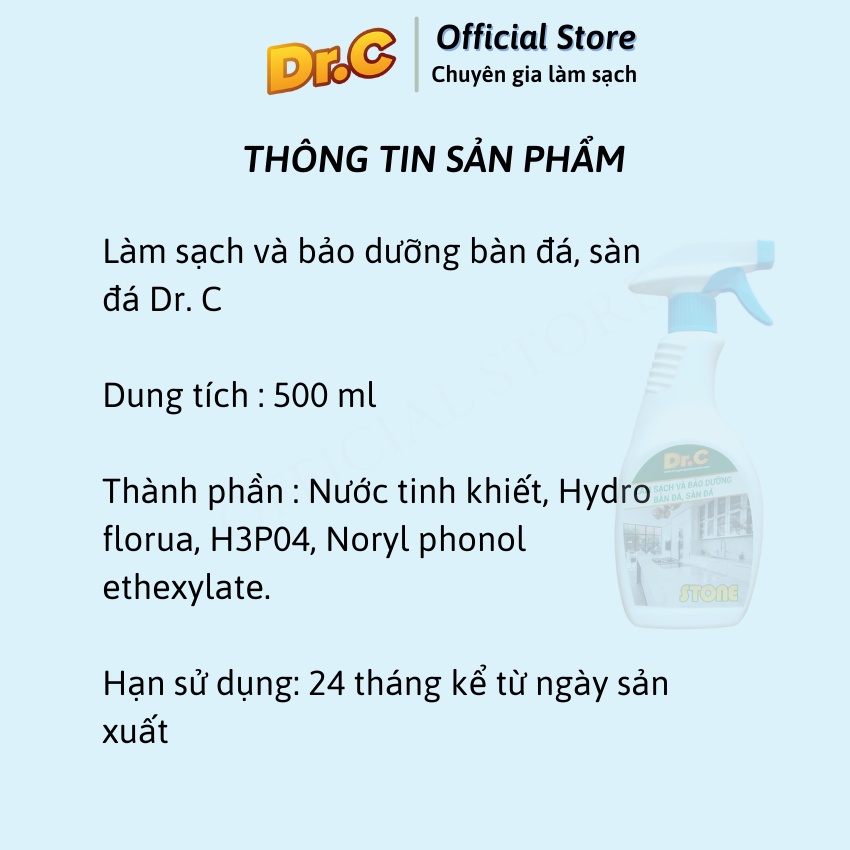 Làm sạch và bảo dưỡng bàn đá, sàn đá , tường sơn, bề mặt sơn bẩn Dr. C STONE, Chính hãng, chai 500 ml