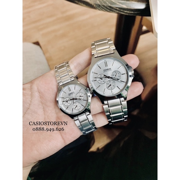 Đồng hồ Đôi Nam nữ Casio V300D, đồng hồ chính hãng, dây thép màu bạc mặt 6 kim