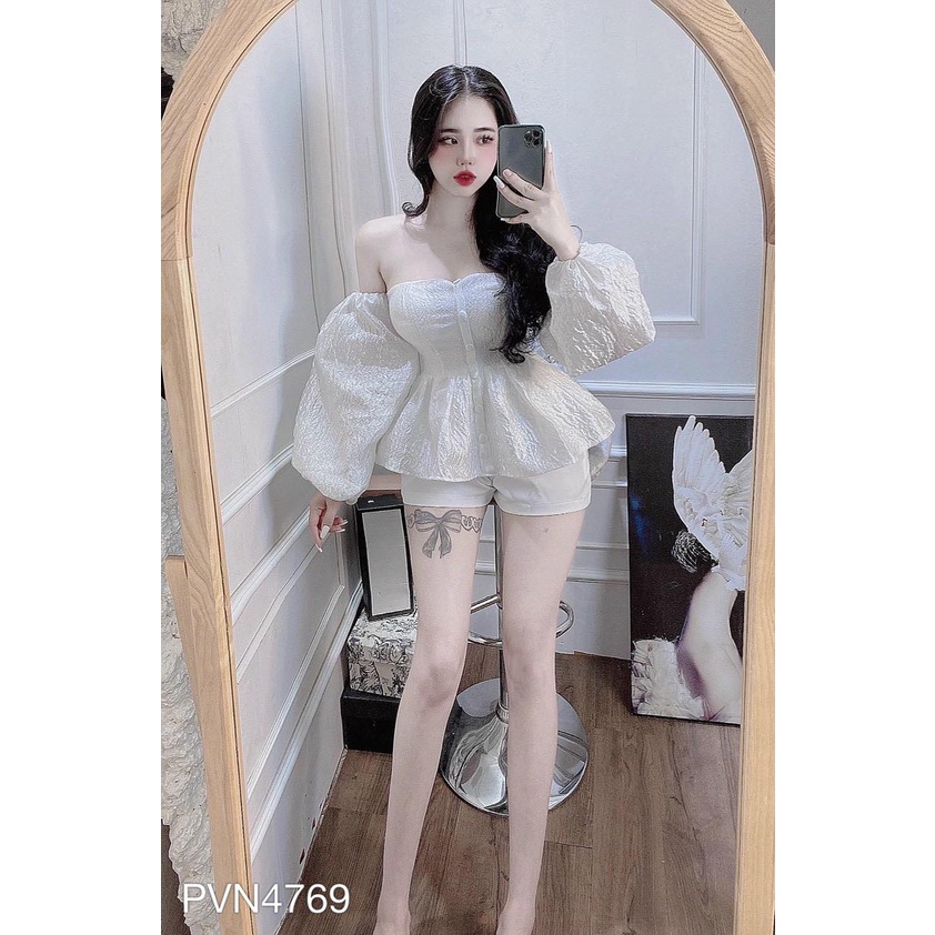 Bộ áo cúp trễ vai hoa văn in nổi