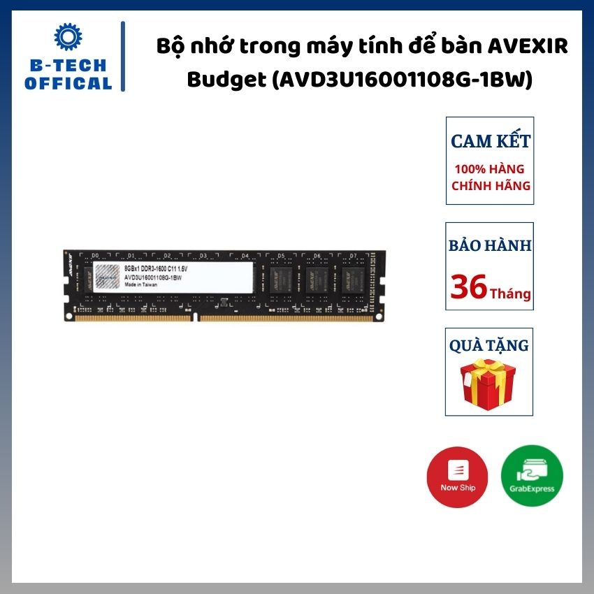 Bộ nhớ trong máy tính để bàn AVEXIR Budget (AVD3U16001108G-1BW) 8GB (1x8GB) DDR3 1600Mhz - Hàng chính hãng