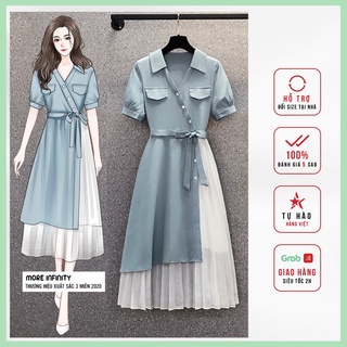 Váy sơ mi dáng dài thắt eo nơ đẹp, đầm xanh dương trắng chân váy dập ly - Design by MFF - V23