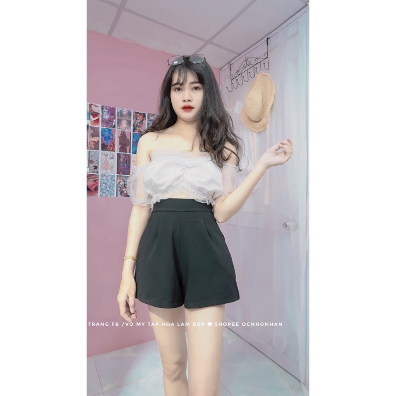 set áo bẹt vai voan nhún phối quần short