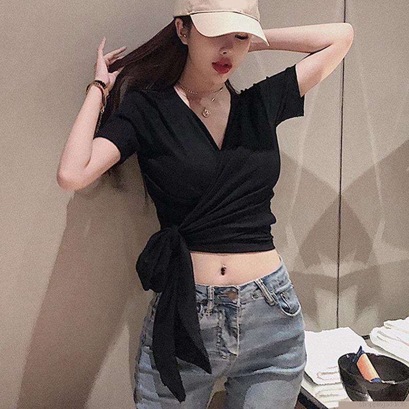 Áo croptop tay ngắn cổ chữ V hở lưng màu trơn thời trang mùa hè quyến rũ cho