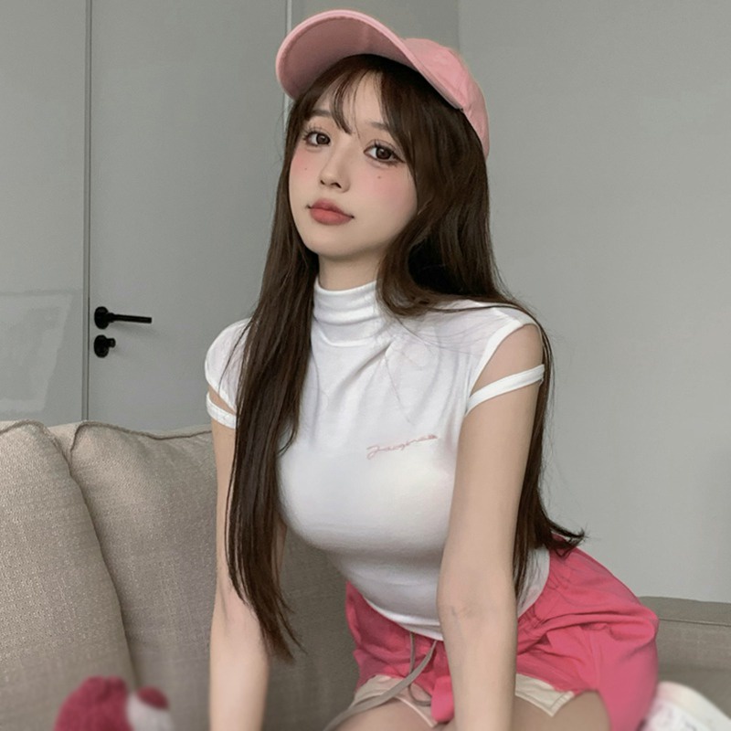 Áo Thun Tay Ngắn Cổ Lọ Màu Sắc Đơn Giản Phong Cách Hàn Quốc Cho Nữ