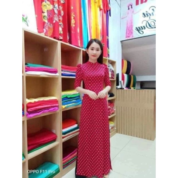 Áo dài chấm bi vai bồng ÁO DÀI THANH PHONG M355