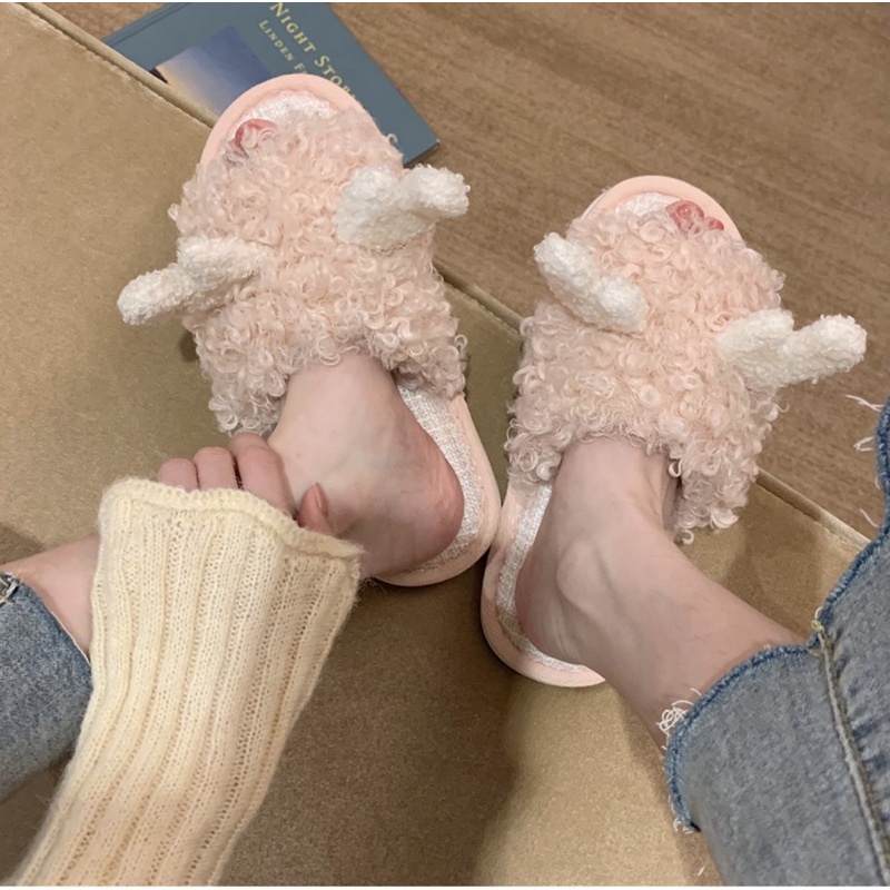 [08CAM] Dép bông nỉ lông xù có sừng cute hàng sẵn