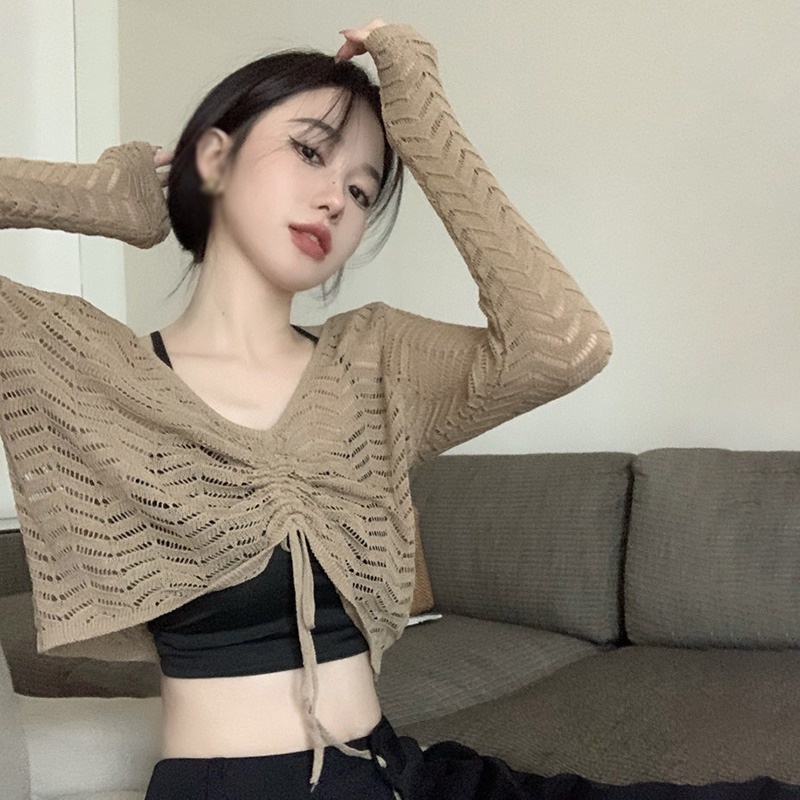 Áo Croptop Dệt Kim Chống Nắng Phối Dây Rút Phong Cách Hàn Quốc Cho Nữ