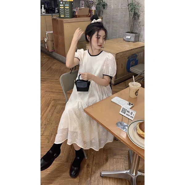 Đầm - váy babydoll hoa nổi viền nơ đen