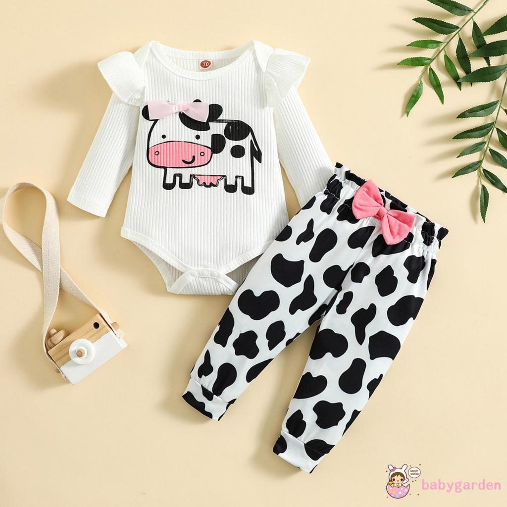 Bộ Áo Liền Quần Tay Dài Cổ Tròn Nhún Bèo In Họa Tiết Bò Sữa + Quần Lưng Thun Xinh Xắn Dành Cho Bé Gái 0-18 Tháng Tuổi