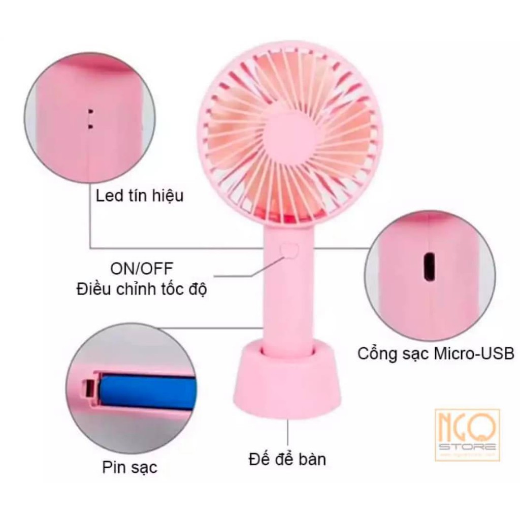 Quạt Tích Điện Mini Cầm Tay 3 Chế Độ Gió Có Dây Sạc, Dây Đeo, Chân Để Bàn