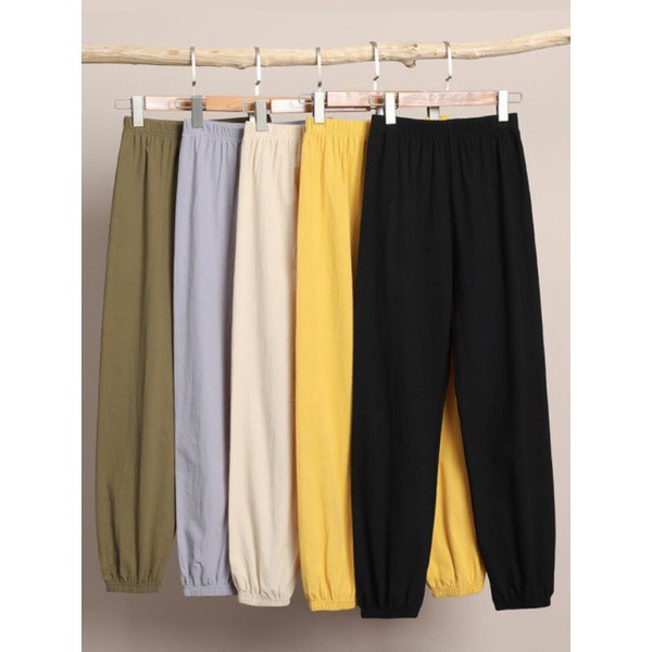 Quần đũi nữ bo gấu cạp chun chất mát nhẹ dáng dài dây rút Quần Jogger Bo ống kiểu mới vải mềm trơn mặc mùa hè màu đen be