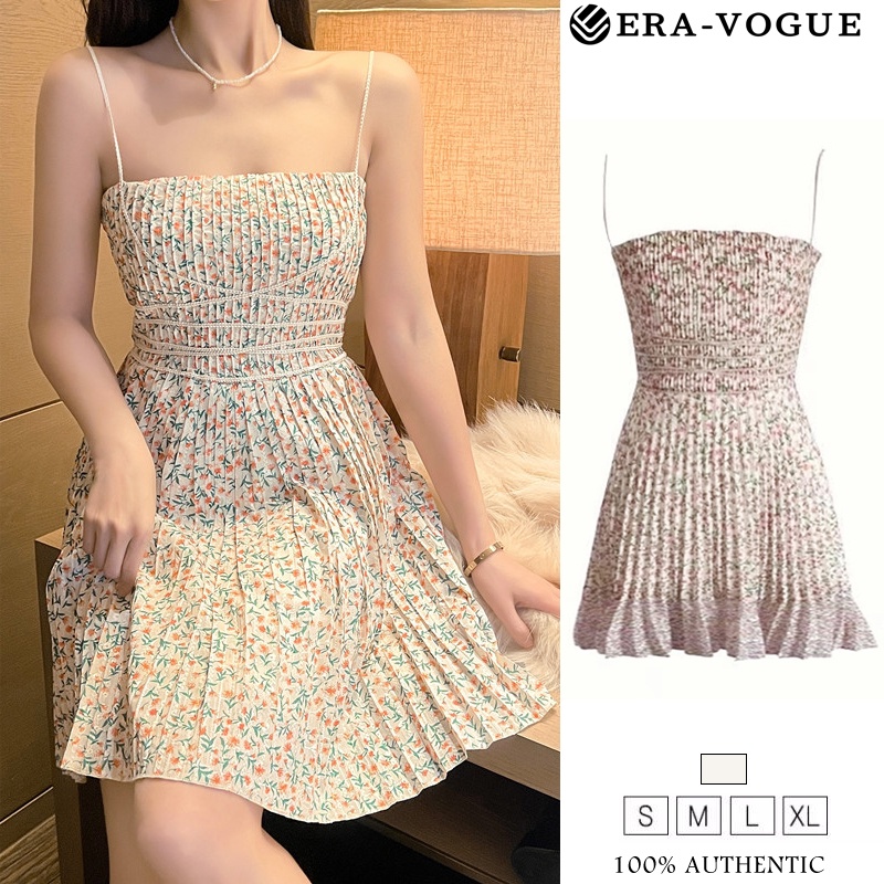 Eravogue🌷 Đầm Dây Dáng Ngắn Xếp Ly In Họa Tiết Hoa Thời Trang Mùa Hè 9859