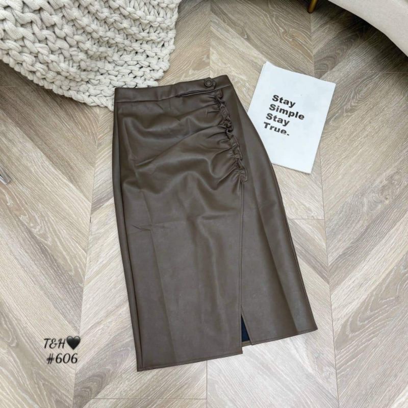 Chân váy da dài xẻ dúm hàng QCL1