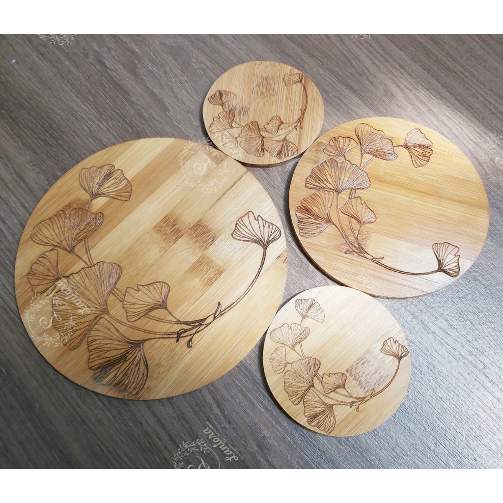 Miếng lót nồi, đế lót bình hoa tròn, họa tiết lá bạch quả bằng gỗ tre ép 100%, bamboo coaster