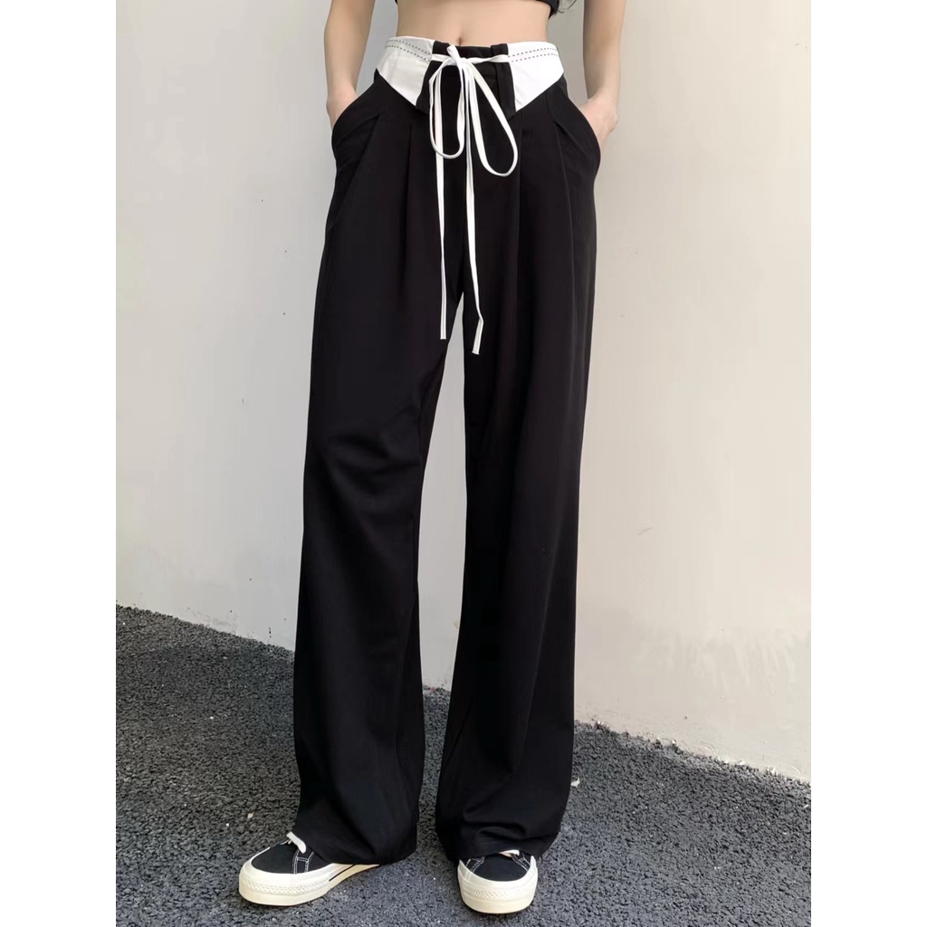 Quần Dài Lưng Cao Ống Rộng Màu Đen Phối Dây Rút Thời Trang Cá Tính Cho Nữ