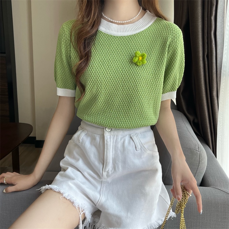 Áo thun dệt kim ZHELIHANGFEI tay ngắn thêu hoa xinh xắn thời trang